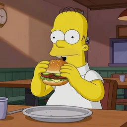 nikocado avocado eating a hamburger, in the style of the simpsons
