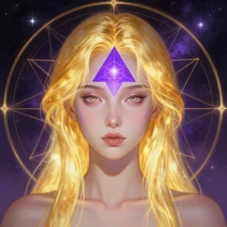 centered head and shoulders portrait of glowing golden haired girl with open purple third eye chakra, geometric third eye triangle, sci - fi face, cosmic geometric background, breathtaking stars, elegant, highly detailed, digital painting, artstation, concept art, smooth, sharp focus, illustration, anime asthetic, art by artgerm and greg rutkowski and alphonse mucha, acid pixie
