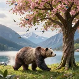 a beautiful awesome artistic tree bear walks next to a tree, tree with falling flowers like leaves and many birds, all in the amazing outdoors view, mountain in the background, lake, long exposure, 8 k resolution, trending on artstation