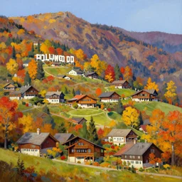 a puritan alpine village in the fall, hollywood hills homes stacking style, painting, unique artstation artist, vibrant colors,