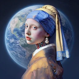intricate highly detailed a cyborg with pearl earrings on lonely planet, full body portrait, high resolution uhd hyper realistic hyperdetailed 8 k pastel paint pour by da vinic