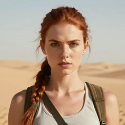 fantasy concept art, frontal portrait of a young woman, auburn hair in a ponytail, athletic, slavic features, clean face, serious demeanor, tomb raider, desert background, in the style of ruan jia, high detail, uplit, 8 k