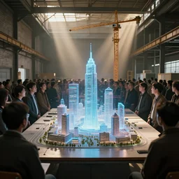 crowd of people in walled warehouse, looking at hologram of futuristic city on a table, cinematic concept art, godrays, golden hour, natural sunlight, 4 k, clear details, tabletop model buildings, center model buildings, hologram center, crane shot, crane shot, crane shot