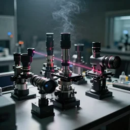optical instruments large table, scientific laboratory, extremely detailed optical lenses and devices diffracting lasers, photoreal, new equipment, analog nikon photo, smoke, dust particles in the air, dark ambience, bokeh, defocus
