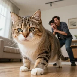 giant kitten chasing a terrified man, photo, realistic, 4k