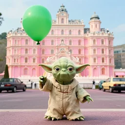 a still from grand hotel budapest where yoda holding a green balloon in the tokyo suburbs by wes anderson, highly detailed, trending on artstation