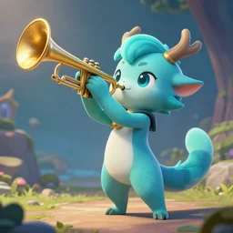 cyan cute spirit axie pet blowing the trumpet, fantasy, style artstation, style greg rutkowsk, octane render, unreal engine 6, epic game graphics, fantasy, conceptual art, ray tracing
