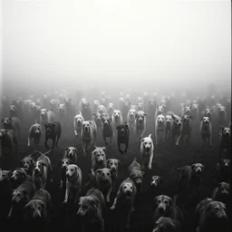 movie still by tarkovsky large crowd of dogs running in a large swamp, cinestill 8 0 0 t 3 5 mm b & w, heavy grain, high quality, noir, natural textures, photorealistic, ambient occlusion, hd, dof, mud, fog