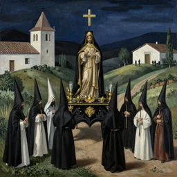 A A Holy Week procession of souls in a Spanish landscape at night by Remedios Varo.