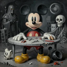 table with laying around catted deconstructed rugged mickey mouse body parts dark ritual by goya and escher, highly conceptual figurative art, intricate detailed illustration, flat acrylic painting, monumental dynamic illustration, surreal art, detailed illustration