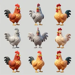 game asset sheet, material study, 2 d sprite, chicken headed characters from california dancing and strutting