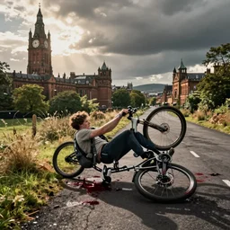 Limmy in a bike crash falling of his bike, blood, Glasgow, photorealistic