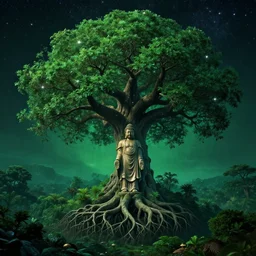 world tree with branches in the stars and roots in the underworld, big budha statue standing in the middle of a matte landscape, vast, epic, starry, lush, greenery, cinematic color scheme, by greg rutkowski, artstation, 4 k wallpaper, uhd quality, unreal engine, glossy paper quality