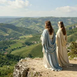 jesus and mary magdalene standing on a cliff looking over a beautiful landscape, paradise, arcadia