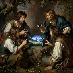 Baroque painting of a group of Hobbits arguing who gets the next turn on Playstation,