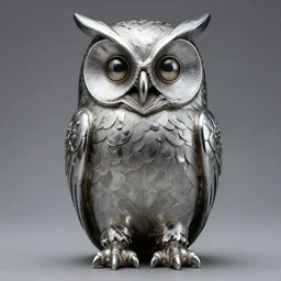 symmetrical detailed sculpture of an owl, made of Mithril