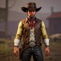 Screenshot of Vegeta as a 3d cowboy in full cowboy attire in the videogame 'Red Dead Redemption 2'. Sharpened. 1080p. High-res. Ultra graphical settings.