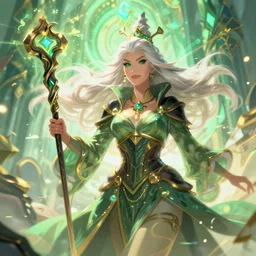 a white-haired witch holding a gnarled staff, helen mirren, wisdom of the ages, glowing iridescent accents, digital apex legends illustration portrait, gorgeous lighting, wide angle action dynamic portrait, art by Josan Gonzalez, bright colors, green and gold palette, high contrast