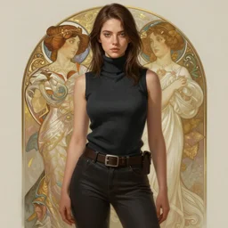 portrait of a full body of beautiful young female detective, d & d, sleeveless turtleneck, fantasy, flat lighting, intricate, highly detailed, digital painting, artstation, concept art, smooth, sharp focus, illustration, billie eilish, art by simon bisley and greg rutkowski and alphonse mucha, natural tpose