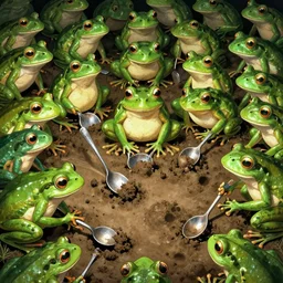 a crowd of frogs digging with spoons. deep art. in the style of akira and brian eno.