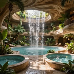 interior view looking over a holistic birthing center for laboring mothers, natural waterfalls and soaking pools, indoor tropical plants, wavy organic architecture, natural sunlight,