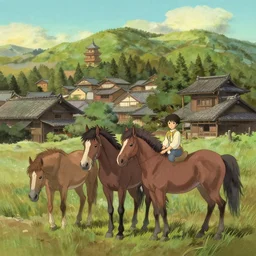 japanese town with horses by studio ghibli painting, by ohara koson and thomas kinkade