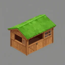 wooded horse stable with green roof, isometric view on grey background, artstation,