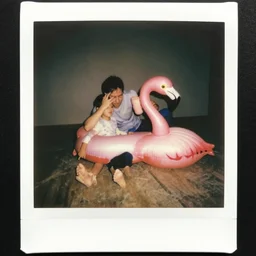 dad on a hangover deflating a pink flamingo, polaroid photo, family photo, disturbing