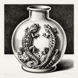black and white lithograph by m. c. escher of lizards inside a klein bottle