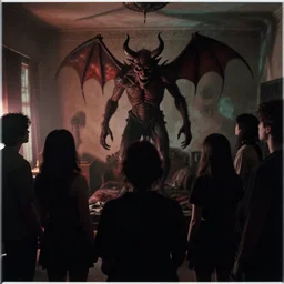 photo of a room of people staring at a live demon, the vibe is eerie, the image is low quality and in color, it was found on the deep web.