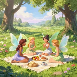 fairies having a picnic in a heavenly meadow
