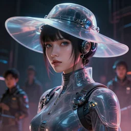 masterpiece concept art, a beautiful highly detailed sci - fi japan techno lady in translucent hat, cinematic moody colors, realistic shaded lighting poster by ilya kuvshinov, magali villeneuve, artgerm, jeremy lipkin and michael garmash and rob rey,