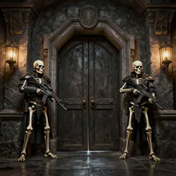 a dungeon gate with two skeleton guards holding assault rifles, artstation, volumetric light, high detail, reflections, perfect, concept art, hdr, 4 k