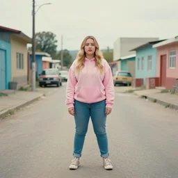 still from music video of emma roberts from die antwoord standing in a township street, wearing a hoodie, street clothes, full figure portrait painting by martine johanna, njideka akunyili crosby, pastel color palette, 3 5 mm lens