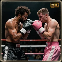 filthy frank and pink guy boxing each other, realistic, dark, aggressive, 4 k, with the borders of an old the weeknd album