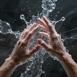 hands making contact in the metaverse, organic liquid textures, turbulent, organic growth, particles, flowing, abundent in details, transparent, surreal dramatic lighting