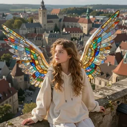 birds eye view of an angel girl in a hoodie with stained glass wings looking over a medieval city by johaness voss
