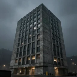headquarters of an evil corporation, brutalism, concrete, night timz, foggy , hyperrealism, no blur, 4k resolution, ultra detailed, style of John Berkey, Norman Rockwell, Hans Thoma, Ivan Shishkin, Tyler Edlin, Thomas Kinkade