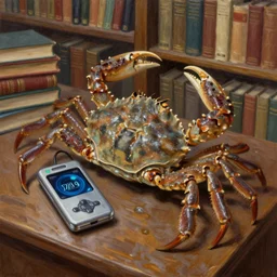 horseshoe crab with a walkman in a library full of books, realistic oil painting, high quality, detailed, 4 k