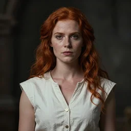 a portrait of a female white woman in her 2 0 s, she has red hair, wearing a sleeveless white shirt, medieval, style by donato giancola, wayne reynolds, jeff easley dramatic light, high detail, cinematic lighting, artstation, dungeons and dragons