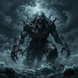 an ultradetailed illustration of cthulu rising out of a churning stormy sea, ominous and scary, dark thunderstorm, lovecraftian horror, ocean monster, intricate detail, cinematic, 8 k, cel shaded, volumetric lighting, octane render, art by greg rutkowski and albert bierstadt