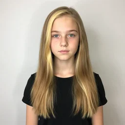 brunette with dyed blonde hair, 15 years old, 155 cm tall, long flat hair, blonde, green big eyes, small nose, small mouth, round shaped face, big forehead, lop eared, full body shot, thin eyebrows, real life photograph