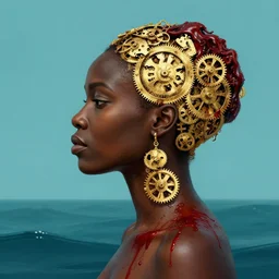 portrait of african woman :: side profile :: in ocean :: clockwork details :: gold :: blood and horror ::  by marvel and Sandra Chevrier
