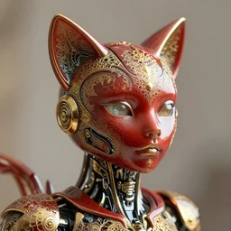 complex 3 d render of a beautiful porcelain robot - cat woman face. red gold and black, fractal veins. dragon cyborg, 1 5 0 mm, beautiful natural soft light, rim light, gold fractal details, fine lace, mandelbot fractal, anatomical, glass, facial muscles, elegant, ultra detailed, metallic armor, octane render, depth of field