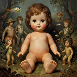 highly detailed wide - angle portrait of a retro doll with low detail simple hands, nicoletta ceccoli, mark ryden, lostfish, earl nore, hyung tae, frank frazetta, global illumination, detailed and intricate environment