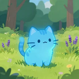illustration of a glowing blue adorable cat in grassy field with trees in the background, lavender growing nearby, concept art, trending on artstation