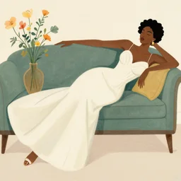 black woman in a gown laying on couch, bloom flowers, modern, eclectic, illustration, by ramon casas