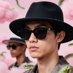 close - up, first fashion model in sunglasses, second fashion model with hat, pink clouds background, green snakes, hyper detailed, photo realistic, vouge style photo, drops of clean water, artwork by tooth wu and wlop and beeple and greg rutkowski