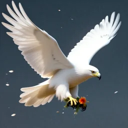 a white eagle with long feathers and flowers in them, flower petals flying around in the background, art by James Jean and Wayne Barlowe, high detail, cinematic, cgsociety 8k