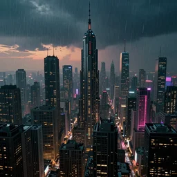 3 5 mm atmospheric dusk urban photographic landscape of dystopian blade runner 1 9 8 2 city, matte painting, cinematic composition, futuristic dystopian megacity endless various mega - skyscrapers endlessly rising into the horizon, falling acid rain, neon, dramatic cinematography 3 5 mm